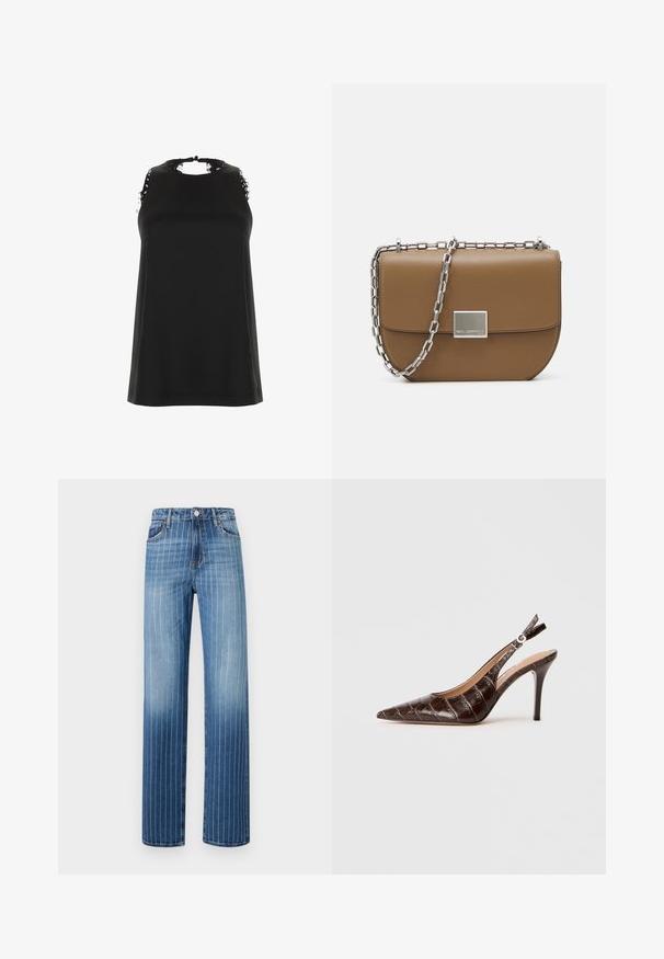 Top nero senza maniche con collo alto, caratterizzato da accenti in pizzo sfilacciato sulle spalle e una texture liscia e morbida.; Jeans in denim blu chiaro con righe bianche verticali, design a gamba dritta, cinque tasche e chiusura a bottone in vita.; Slingback pump in pelle marrone con effetto coccodrillo, punta appuntita, lati aperti e tacco alto sottile. Progettato con regolazione a fibbia.; Borsa a tracolla in pelle marrone con forma curva, tracolla in catena argentata e dettaglio della chiusura quadrata in metallo sul davanti.