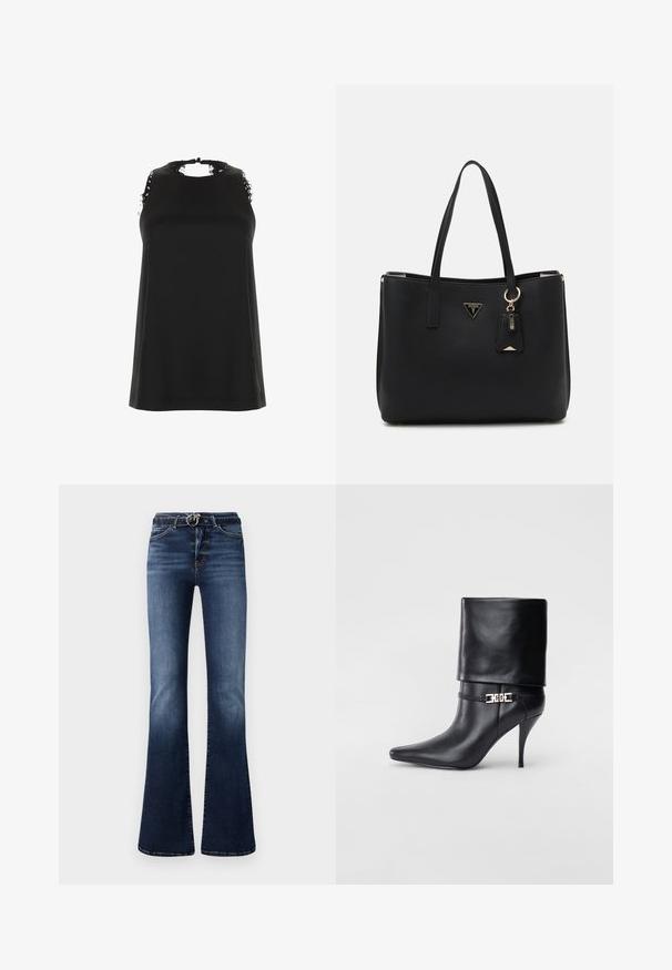 Mustamata ilma varrukat särk kõrge kaelusega, millel on kulunud pitsi aktsendid õlgadel ja sile ning pehme tekstuur.; Tumedat sinised laienevad teksad, millel on tuhmunud tekstuur, kõrge vöökoht, hõbedane riistvara vööaasadel ja esikotid.; Mustad nahast pahkluu saapad terava nina, kõrge stilettokanna, volditud äärega ja kuldse dekoratiivse pandlaga pahkluul.; Musthave mustkott, mis on valmistatud tekstuuriga sünteetilisest materjalist, kahes käepidemes, millel on kuldne logo plaat ja väike märgistus koos aksendiga.