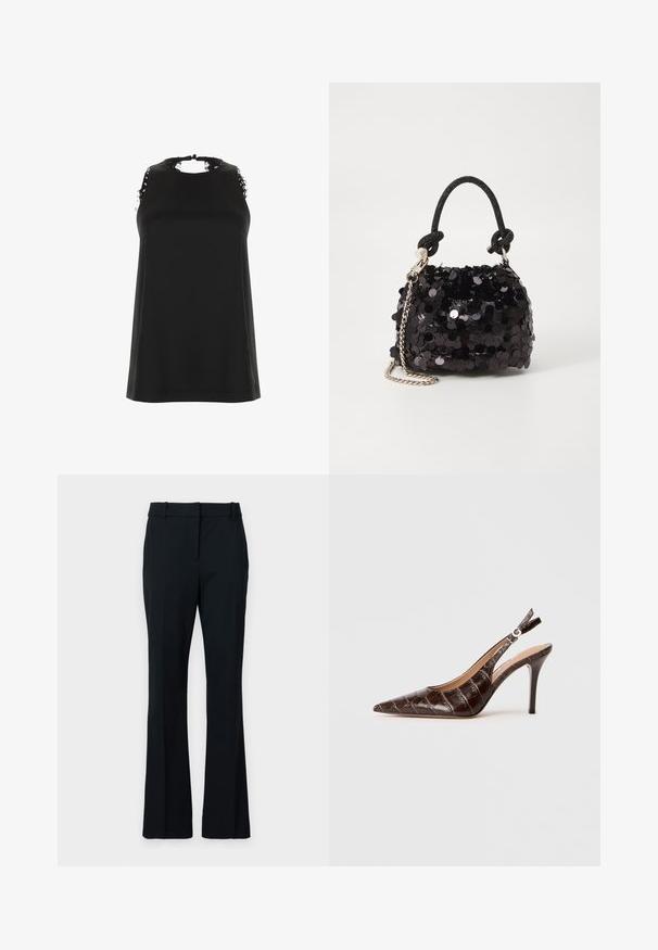 Čierny bezrukávový top s vysokým výstrihom, s roztrhnutými čipkovými akcentmi na pleciach a hladkým, jemným materiálom.; Čierne rozšírené nohavice vyrobené z hladkej tkaniny. Majú plochý predný diel, pútka na opasok a prispôsobený strih, ktorý sa smerom k spodnej časti postupne rozširuje.; Hnedé lodičky na podpätku z kože s embosovaným vzorom krokodíla, s špicatou špičkou, otvorenými bokmi a tenkým vysokým podpätkom. Navrhnuté s nastaviteľnou sponou.; Čierna mini kabelka so štrasom, s uzlovým textúrovaným popruhom a strieborným reťazom. Guľatý tvar s riaseným vrchom a reflexnými detailmi.