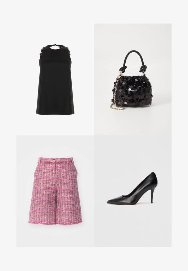 Schwarzes ärmelloses Top mit hohem Ausschnitt, das ausgefranste Spitzenakzente an den Schultern und eine glatte, weiche Textur aufweist.; Rosa Tweed-Shorts mit einem strukturierten Muster und fransigem Saum. Verfügt über einen Bund mit Knopfverschluss. Leichter Stoff, in mittlerer Oberschenkel-Länge.; Schwarzer, hochhackiger Lederpumps mit spitzer Schuhspitze, glatter Textur und elegantem Design. Verfügt über einen schlanken, erhöhten Absatz und eine tief ausgeschnittene Vorderseite.; Schwarze Pailletten-Mini-Handtasche mit einem geknoteten, strukturierten Tragegurt und einer silbernen Kette. Abgerundete Form mit gerafftem oberen Teil und reflektierenden Details.