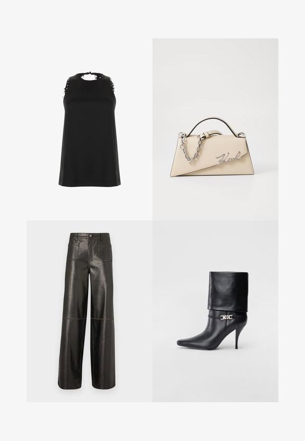 Svart ärmlös topp med hög halsringning, prydd med fransiga spetsdetaljer på axlarna och en slät, mjuk textur.; Guess Originals PATCH POCKET - Tygbyxor - jet black; Svart läderankelstövel med spetsig tå, hög stilettklack, vikbar mudd och ett dekorativt guldfärgat spänne på ankeln.; Beige läderhandväska med en strukturerad, triangelformad design, med ett silverkedjehandtag och en kursiv logotyp i metall.