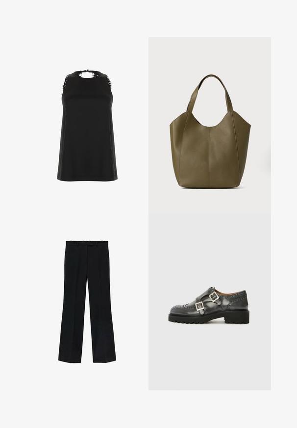 Crni bezrukavi top s visokim izrezom, s izabranim čipkastim detaljima na ramenima i glatkom, mekanom teksturom.; Crne hlače ravnog kroja, napravljene od glatkog materijala. Imaju pojas s petljama za remen i bez vidljivih oznaka ili ukrasa.; Billi Bi Obuća za navlačenje - grey asfalto; Torbica u maslinastoj koži s dvostrukim ručkama, glatke teksture i dizajnom od četiri panela. Ojačane šavove duž šavova za dugotrajnost.