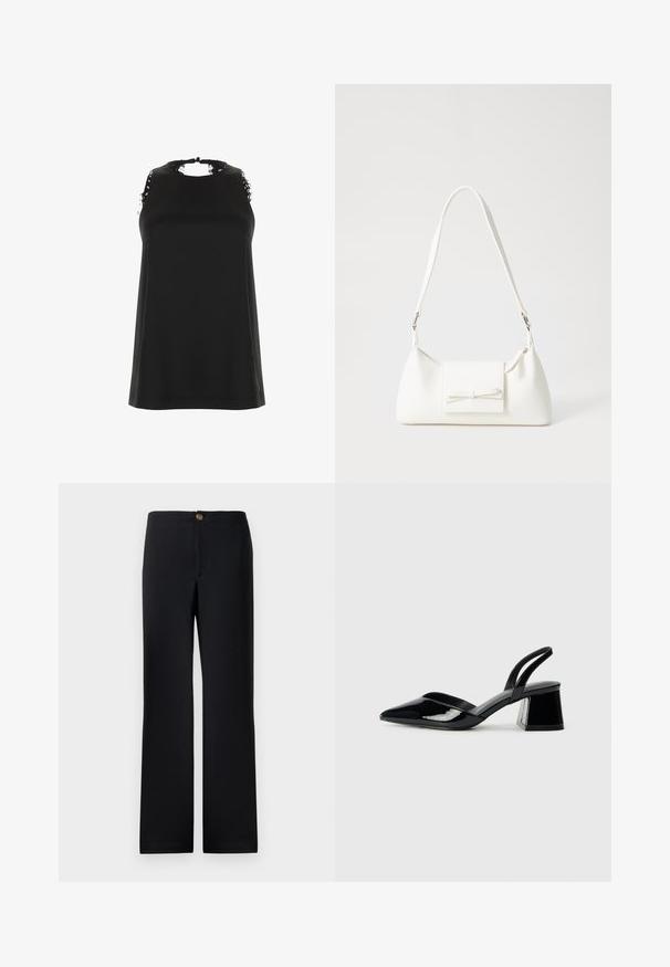 Čierny bezrukávový top s vysokým výstrihom, s roztrhnutými čipkovými akcentmi na pleciach a hladkým, jemným materiálom.; Čierne nohavice so strihom s rovnými nohavicami, s prevedením na zlaté gombíky a hladkým, štruktúrovaným materiálom. Bez viditeľných vreciek alebo vzorov.; Čierne lakované kožené sandálové podpätky s špicatou špičkou a geometrickým blokovým podpätkom. Disponujú elegantným, minimalistickým dizajnom a hladkým povrchom.; Biela syntetická kabelka s trojuholníkovým tvarom, plochým predným klapkou a detailom mašle, nastaviteľným popruhom, hladkou textúrou a minimalistickým dizajnom.