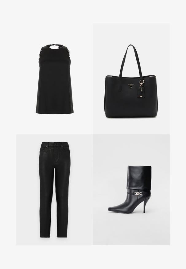 Mustamata ilma varrukat särk kõrge kaelusega, millel on kulunud pitsi aktsendid õlgadel ja sile ning pehme tekstuur.; Mustad mustriga mustad teksad, millel on kitsas lõige, kõrge talje, klassikaline viie taskuga disain ning tagasihoidlik sära. Tavaline eesmine nööbi sulgemine.; Mustad nahast pahkluu saapad terava nina, kõrge stilettokanna, volditud äärega ja kuldse dekoratiivse pandlaga pahkluul.; Musthave mustkott, mis on valmistatud tekstuuriga sünteetilisest materjalist, kahes käepidemes, millel on kuldne logo plaat ja väike märgistus koos aksendiga.