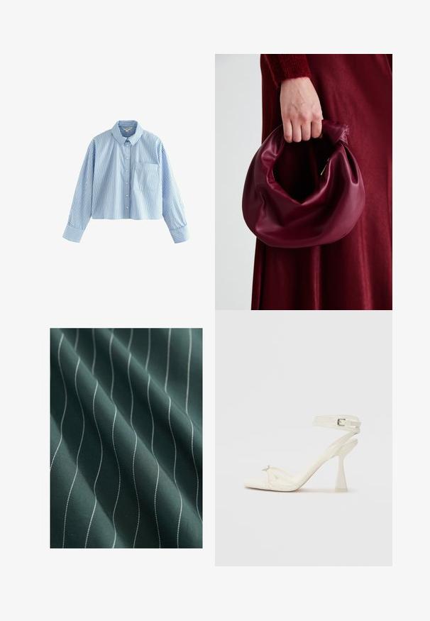 Chemise boutonnée coupée à manches longues, en tissu à rayures bleues et blanches. Présente un col et une poche poitrine du côté gauche.; Tissu vert foncé avec une texture lisse, présentant des rayures ondulées blanches s'étendant verticalement, créant un motif subtil.; Sandale à talons hauts à brides en cuir blanc avec un design épuré, un talon bloc transparent et un élément décoratif au niveau des orteils.; Sac à main en cuir bordeaux au design doux et froncé, avec une forme arrondie. La poignée est fixée, mettant en valeur une texture lisse.