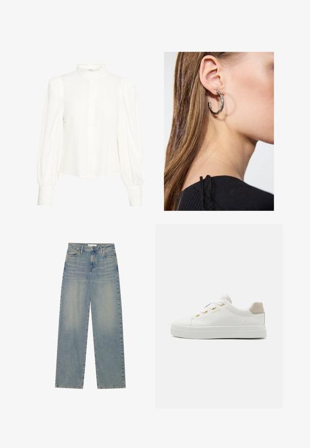 Bluză albă cu mânecă lungă, dintr-un material texturat, crinkle. Are un guler înalt cu volane și închidere cu nasturi. Mâneci late, buclate și încheiate la încheietura mâinii.; Jeans din denim de culoare albastru deschis, cu talie înaltă și croială dreaptă, cu buzunare frontale, bucle pentru curea și închidere vizibilă cu nasture și fermoar.; Sneaker alb cu superior din piele, vârf rotund, detalii din metal aurit și accent de călcâi din suedes. Prezintă șireturi plate și talpă din cauciuc texturat.; Cercel din argint cu un finisaj polișat, având detalii mici din aur și o formă rotundă, purtat pe lobul urechii.