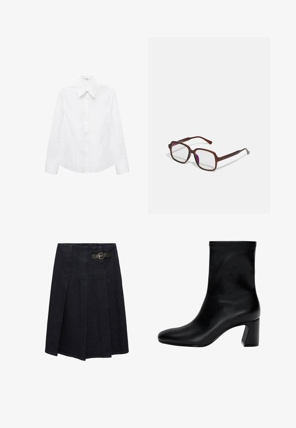 Biela košeľa s dlhým rukávom vyrobená z hladkej tkaniny, s ostrým golierom, zapínaním na gombíky a zaobleným lemom so bočnými rozparkami.; Tmavá denimová sukňa s priliehavým pásom, bočnými prackami, skladaným dizajnom a mierne rozšíreným siluetou. Švy sú viditeľné po celom obvode.; Čierne členkové topánky z hladkej kože. Majú štvorcový špičku, elastický vrch a masívny podpätok pre stabilitu. Minimalistický dizajn.; Hnedé, obdĺžnikové dioptrické okuliare s priehľadnými šošovkami a fialovými odtieňmi. Hladký plastový rám so zásadnými nožičkami a jemnými akcentmi.