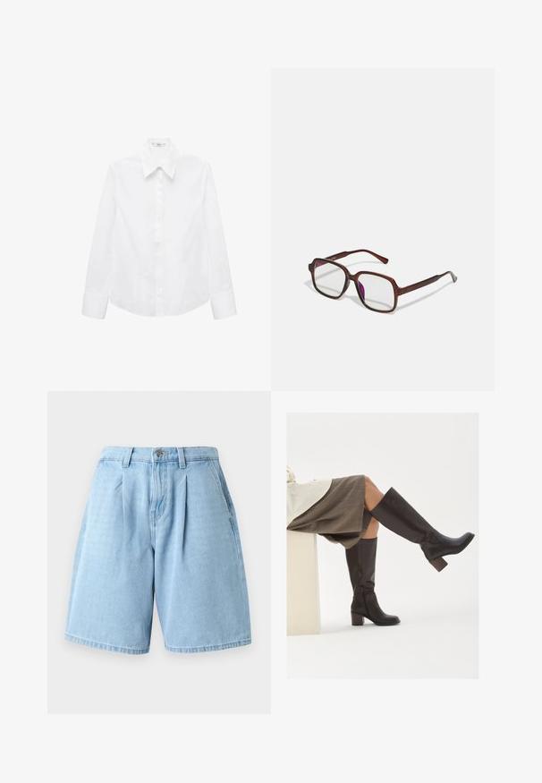 Bela srajca z dolgimi rokavi iz gladkega tkanja, z izpostavljenim ovratnikom, zapenjanjem na gumb in zaobljenim robom s stranskimi razporki.; Svetlo modri jeans kratki hlače z sproščenim krojem, ki vključujejo sprednje naborke, zanke za pas in klasični kroj s petimi žepi.; Rjave usnjene čizme do kolen s kvadratnim koncem, debelim peto in božnim zadrgo. Gladka tekstura s sijočim zaključkom.; Rjave, pravokotne očala z prosojnimi lečami in vijoličnimi odtenki. Gladek plastičen okvir z ravnimi steblami in subtilnimi detajli.; Črna torbica v obliki srca, izdelana iz lakirane usnje, s sprednjim žepom, ki se zapira z zaponko, in snemljivim trakom. Srebrni dodatki.