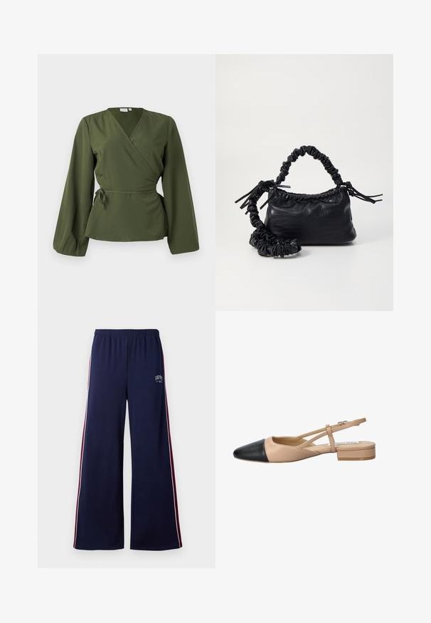Olivno zelena bluzica z dolgimi rokavi in stransko vezavo v pasu, prikazana na enostavni beli podlagi.; Temno modri široki športni hlače z elastičnim pasom, belimi in burgundskimi stranskimi črtami ter majhnim logotipom GAP NYC na levem stegnu.; Bežna in črna dvobarvna slingback čevlja s koničastim noskom, ravnim peto in križno zasnovo traku. Gladka usnjena tekstura.; Črna torbica iz umetnega usnja s krokodilovo teksturo, z zvitim vrhom in zmečkano naramico. Zdi se mehka in kompaktna v oblikovanju.
