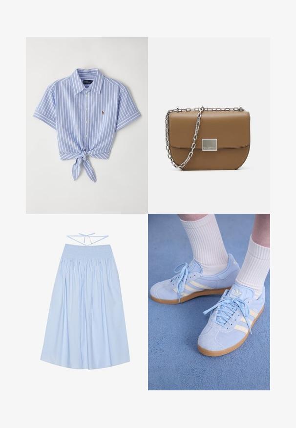 Blue and white striped short-sleeve shirt, featuring a knot detail at the waist and a small logo on the left chest area.; Light blue, cotton skirt with smocked waist, flowing silhouette, wide pleats, and thin tie straps at the back for adjustable fit.; Light blue suede sneakers with white stripes, flat laces, and a gum rubber sole. Ribbed white socks are worn above the ankle.; Brown leather crossbody bag with a curved shape, silver chain strap, and a square metallic clasp detail on the front.