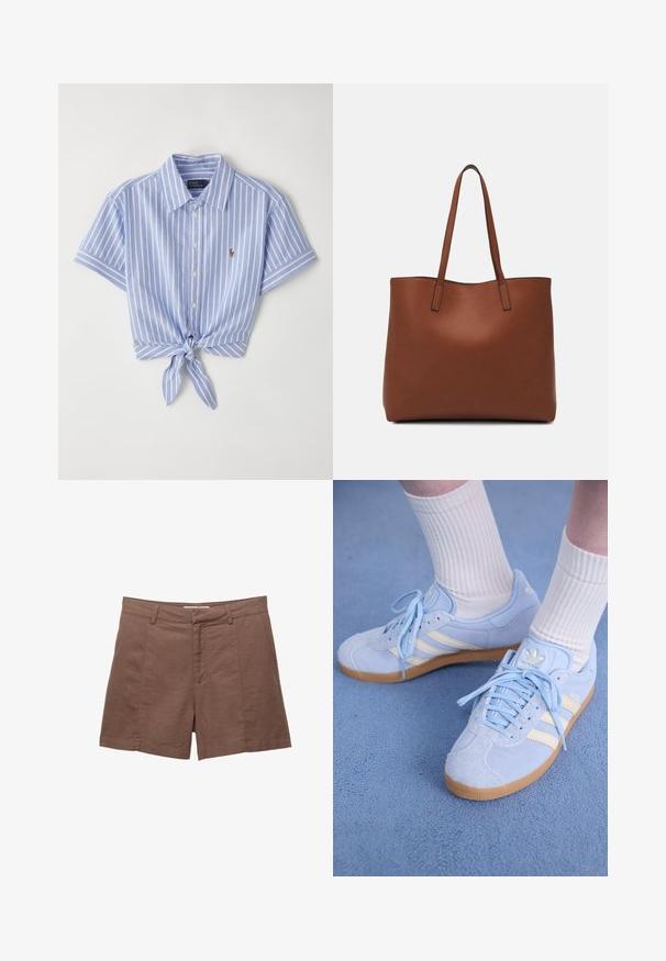 Modra in bela črtasta majica s kratkimi rokavi, s posebno vozlišče pod pasom in majhnim logotipom na levi strani prsi.; Rjavi laneni šorts s ravnim sprednjim delom, dvema sprednjima žepoma in gladko teksturo. Imajo prilegajoč se kroj in raven rob na dnu.; Svjetloplave suede tenisice s bijelim trakama, ravnim vezicama i gumenenim potplatom. Iznad gležnja su nošene rebraste bijele čarape.; Rjava usnjena torba z gladko teksturo, odprto zasnovo zgoraj in dvema naramnima trakovoma. Opremljena je z minimalnim šivanjem in brez vidnih kovinskih delov.