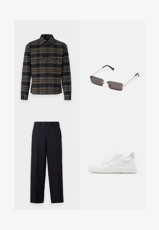 Veste à carreaux noire et grise avec un col, fermeture à boutons et deux poches poitrine. Fabriquée à partir d'un tissu texturé.; Abercrombie & Fitch Baggy Trouser - Pantalon classique - casual black; Des baskets en cuir blanc avec une finition lisse, un bout rond, des lacets plats et une semelle texturée. Accents en daim gris au niveau du talon.; Lunettes de soleil avec des verres rectangulaires gris foncé, des montures en métal argenté et des embouts en plastique noir sur les branches. Conception légère avec des plaquettes de nez.