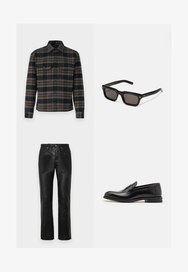 Veste à carreaux noire et grise avec un col, fermeture à boutons et deux poches poitrine. Fabriquée à partir d'un tissu texturé.; Pantalons en cuir noir au design droit, avec une fermeture à bouton, quatre poches et une texture lisse. Détails de couture renforcée visibles.; Mocassins en cuir noir avec une texture lisse, bout rond et une sangle décorative sur le dessus. Talon bas empilé, design minimaliste.; Lunettes de soleil noires rectangulaires avec des verres foncés, monture en plastique épais, accents dorés sur les branches et logo de la marque gravé sur le bras.