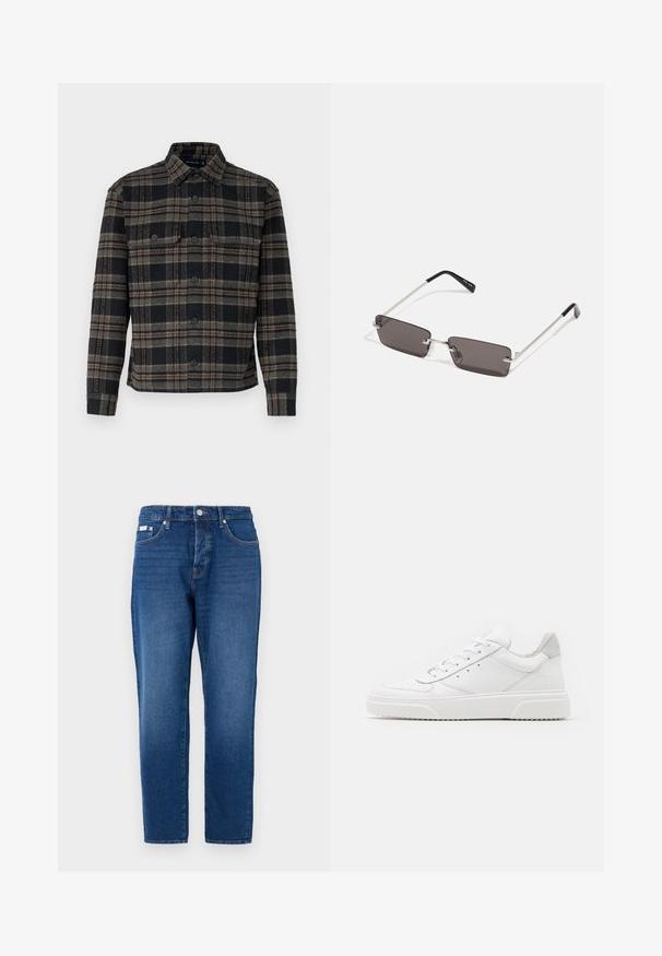 Jachetă cu carouri negre și gri, cu guler, închidere cu nasturi și două buzunare pe piept. Fabricată dintr-un material texturat.; Jeansi din denim albastru, cu o croială dreaptă, având cinci buzunare, bucle pentru curea și accente din metal. Textură netedă și design clasic.; Adidași din piele albă cu un finisaj neted, vârf rotunjit, șireturi plate și o talpă texturată. Accente din piele întoarsă gri la călcâi.; Ochelari de soare cu lentile dreptunghiulare, gri închis, rame din metal argintiu și vârfuri din plastic negru pe brațe. Design ușor, cu pad-uri pentru nas.