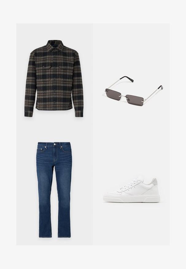 Crna i siva karirana jakna s koledarima, prednjim dugmetima i dva džepa na prsima. Izrađena od teksturiranog materijala.; Tamno plave traperice ravnog kroja, sa zatvaračem na patentni zatvarač i kopčanjem na dugme. Vidljivi detalji šivanja duž šavova.; Bijele kožne tenisice s glatkom površinom, okruglim vrhom, ravnim vezicama i strukturiranom potplatom. Sivi antilop naglasak na peti.; Naočale s pravokutnim, tamnosivim lećama, srebrnim metalnim okvirom i crnim plastičnim vrhovima na ručkama. Lagani dizajn s jastučićima za nos.