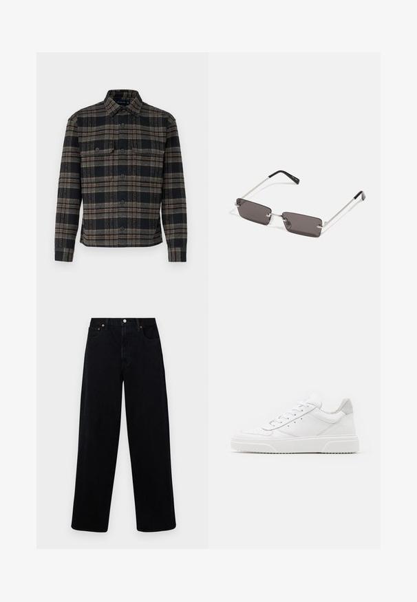 Črna in siva karirasta jakna s ovratnikom, sprednjimi gumbi in dvema žepoma na prsih. Narejena je iz teksturirane tkanine.; Abercrombie & Fitch Vrečaste kavbojke - black; Bele usnjene športne copate z gladkim zaključkom, okroglo konico, ravnimi vezalkami in teksturiranim podplatom. Sivi semiš detajl na peti.; Očala za sonce s pravokotnimi, temno sivimi lečami, srebrnimi kovinskimi okvirji in črnimi plastičnimi konicami na ročajih. Lahka zasnova z nosnimi blazinicami.