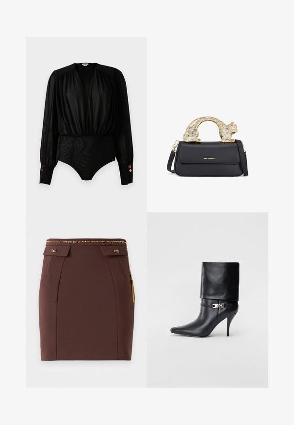 Must värviline pika varrukaga bodi sügava V-kaelusega, puhvadega õlgadega, laiade cuff'idega kolme metallnupuga ja kitsas alumine osa.; Pruun vooderdatud mini seelik kuldse kettvööpiga, dekoratiivsete nööpidega klappide ja kuldsete karvade detailiga ühtlasel taustal.; Mustad nahast pahkluu saapad terava nina, kõrge stilettokanna, volditud äärega ja kuldse dekoratiivse pandlaga pahkluul.; Must või voodri tasku ja kuldne kassi kujuline käepide, millel on esine klapp, reguleeritav rihm ja logodetail alumisel ees.