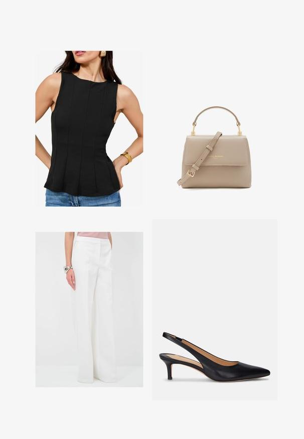 Schwarzes ärmelloses Oberteil mit rundem Halsausschnitt und vertikalen Falten. Der Stoff hat eine glatte Textur. Kombiniert mit Denim-Shorts und einem goldenen Armband.; adL Stoffhose - beige; Schwarzer Leder Slingback-Pump mit spitzer Zehenform, niedrigem Kitten-Absatz und glatter Oberfläche. Verfügt über ein offenes Rückendesign und minimale Nahtdetails.; Isabel Bernard Femme Forte Heline - Handtasche - taupe