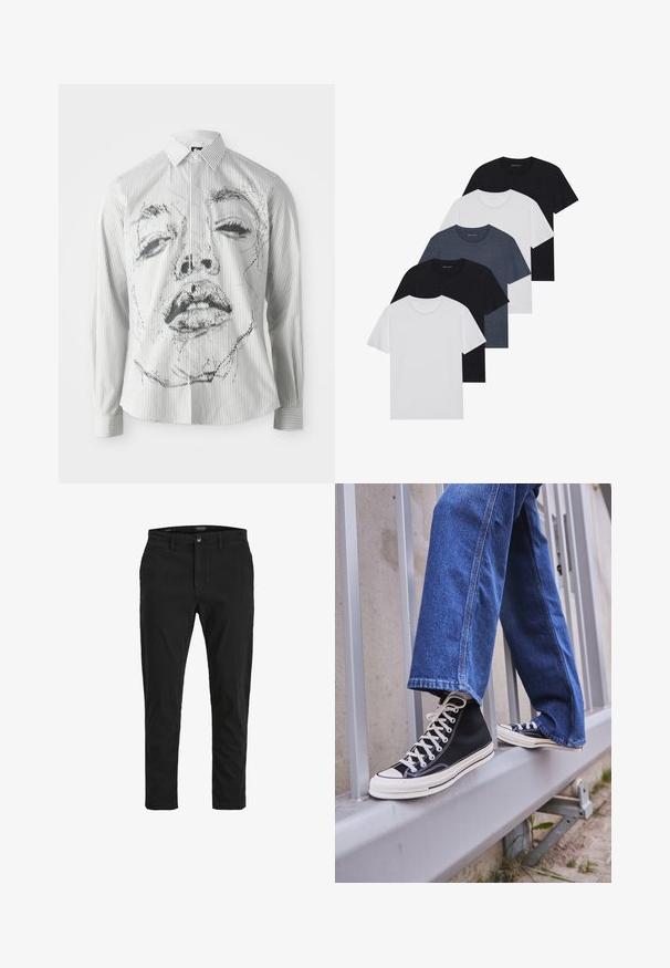 Stripete langermet skjorte med en monokrom ansiktsillustrasjon på forsiden. Stoffet er glatt med klassisk krage og knappdetaljer.; Sett av fem t-skjorter i svart, hvit og marineblå. 100% bomull, kortermet, rund halsdesign og ensfarget uten mønstre.; Svart chinos med slim fit, laget av bomull. Har en knappåpning, frontlommer og en jevn tekstur. Rent design uten mønstre.; Svarte høy-hælte joggesko med hvit såle og snøring, paired med løse blå denim-jeans, hvilende på et grått rekkverk.