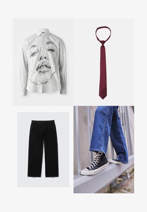 Gestreepte langekleurige shirt met lange mouwen, voorzien van een monochrome gezichtsillustratie op de voorkant. De stof is soepel met een klassieke kraag en knoopdetails.; Zwarte wijde denim jeans. Bevat een klassiek vijfzakdesign, knoop- en ritsluiting, en versterkte stiksels.; Zwarte hoge sneakers met witte zool en veters, gecombineerd met losse blauwe denim jeans, rustend op een grijze leuning.; Bordeaux satijnen stropdas met een gladde textuur, smalle breedte en spitse punt; voorzien van een lus voor eenvoudig dragen.