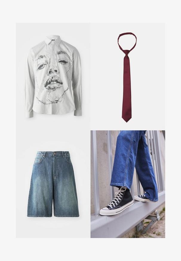 Prugasta košulja dugih rukava s monokromatskom ilustracijom lica na prednjoj strani. Tkanina je glatka, s klasičnom kragnom i detaljima s gumbima.; Traper šortsevi u srednje plavoj boji, s visokim strukom, pet džepova i ravnim krojem. Istaknuti detalj izbjeljivanja sprijeda.; Crne visoke tenisice s bijelim potplatom i vezicama, u kombinaciji s širokim plavim trapericama, naslonjene na sivi ogradu.; Burgundijska saten kravata s glatkom teksturom, uskim oblikom i oštrim vrhom; ima petlju za jednostavno nošenje.