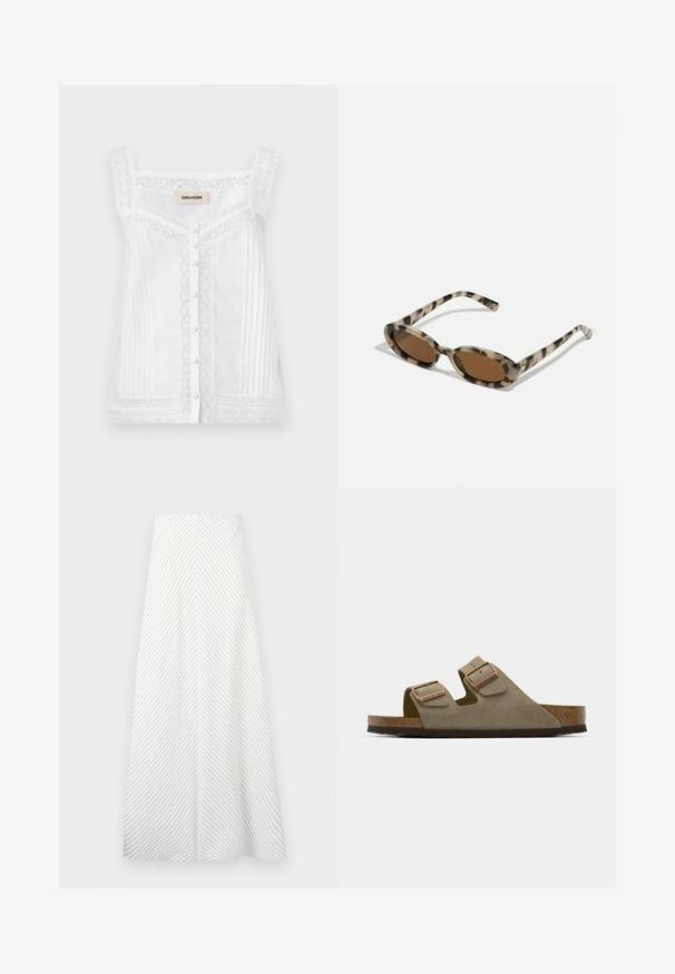 Hvid ærmeløs top med blonder detaljer, lodrette læg og knaplukning foran. Har en bølget blonde halsudskæring og stropper.; Hvid nederdel med diagonale navy striber, let svævende design og en glat tekstur. Har høj talje og en rummelig A-form.; Lys taupe ruskindsandale med to justerbare stropper og hardware i rosaguld. Korkfodbed på en tekstureret brun sål. Åben tå-design.; Sellebriller i skildpaddesmønster med ovale linser, brun toning og tynde mønstrede sider. Letvægts plastikmateriale med subtile guldfarvede accenter.; Brun læder tote bag med to forlængede håndtag, struktureret rektangulær form, glat overflade og subtile syninger.; Sølvfarvede hoops ørestikker med en række klare sten og en rund krystalvedhæng hængende fra hver. Poleret metal, slankt design.