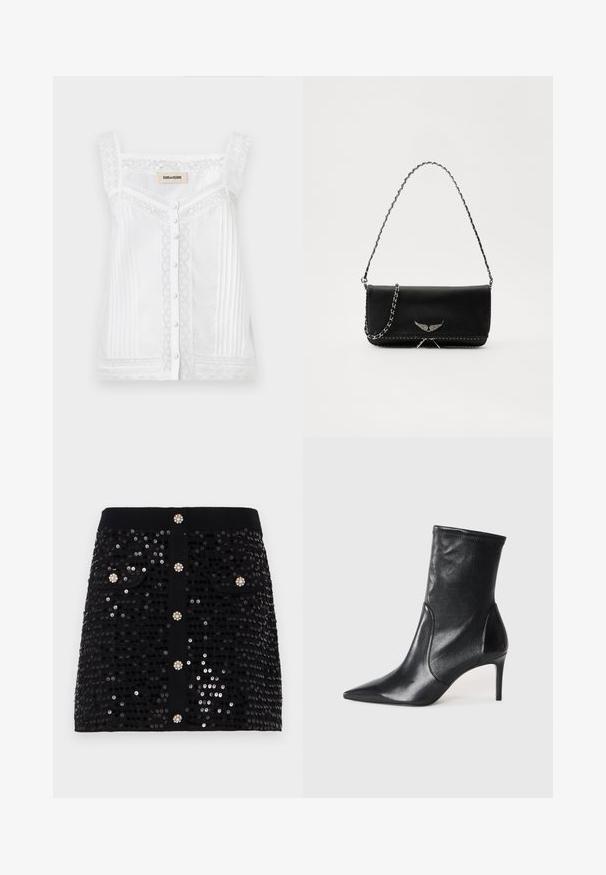 Weißes ärmelloses Oberteil mit Spitze, vertikalen Falten und einer Knopfverschluss vorne. Es hat einen wellenförmigen Spitzenhalsausschnitt und -träger.; Schwarzer Paillettenrock mit tailliertem Schnitt, zwei Vorderaschen und dekorativen Knöpfen mit juwelenähnlichen Akzenten. Glatte Textur über die gesamte Fläche.; Schwarze Stiefeletten aus glattem Leder, mit einer spitzen Zehe, schmalem Schaft und schlanker, hoher Ferse. Minimalistisches Design ohne sichtbare Beschläge.; Schwarze Lederhandtasche mit einem silbernen Kettenriemen, verziert mit dekorativen Flügelakzenten und weißen Nähten entlang der unteren Naht.