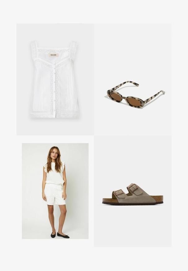 Witte mouwloze top met kantdetails, verticale plooien en een knoopsluiting aan de voorkant. Heeft een golvende kantenkraag en schouderbandjes.; Moves PENSI - Shorts - snow white; Suède slipper in lichtgrijs met twee verstelbare gespen, een kurken tussenzool en een gestructureerde rubberen buitenzool.; schildpadsonnenbril met ovale glazen, bruine tint en dunne patroonzijkanten. Lichtgewicht kunststof materiaal met subtiele gouden accenten.; Bruine leren tote bag met twee verlengde handvatten, gestructureerde rechthoekige vorm, gladde textuur en subtiele stiksels.; Zilverkleurige creolen met een rij transparante stenen en een ronde kristallen hanger aan elke. Gepolijst metaal, slank ontwerp.