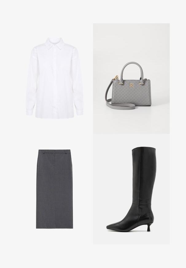 Weißes Langarmhemd aus Baumwolle mit klassischem Kragen und Knopfleiste, vollem Ärmel und geradem Schnitt am Saum.; Grauer Bleistiftrock, knielang, aus glattem Stoff. Hat eine schmale Passform mit flachem Bund und keine sichtbaren Verschlüsse oder Taschen.; Zign Stiefel - black; Tommy Hilfiger ETERNITY MICRO TOTE MONO - Handtasche - universal grey