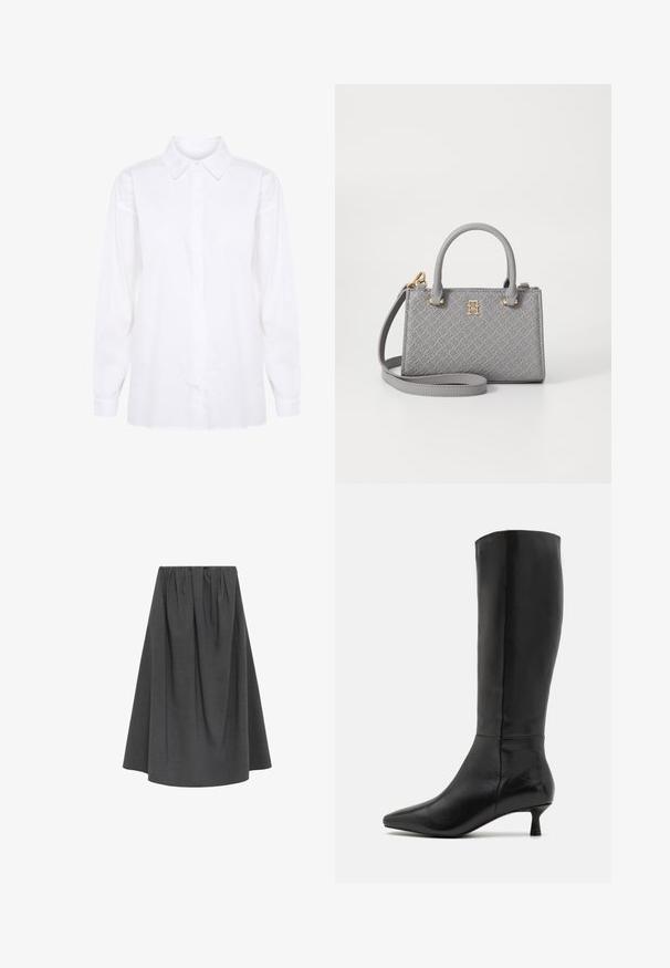 Bílá košile s dlouhým rukávem vyrobená z bavlny, s klasickým límcem a zapínáním na knoflíky, s plnými rukávy a rovně střiženým lemem.; Šedá sukně po kolena vyrobená z texturované látky; má elastický pas a skladbu pro objem a tvar.; Zign Vysoká obuv - black; Tommy Hilfiger ETERNITY MICRO TOTE MONO - Kabelka - universal grey