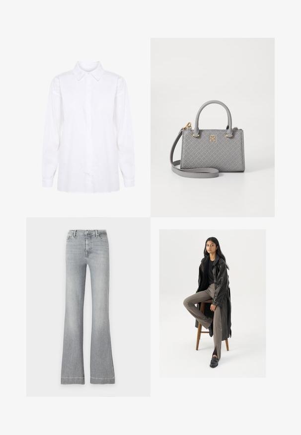 Valkoinen pitkähihainen puuvillapaita, jossa on klassinen kaulus ja nappikiinnitys, täysihihaiset ja suora leikkaus helmassa.; Vaaleanharmaat farkut, joissa on levenevät lahkeet ja korkea vyötärö, etupuolella nappi ja vetoketju, viisi taskua sekä siisti helma.; Musta nahkastakki, jossa on napit ja vyöyksityiskohtia, yhdistettynä vaaleanruskeisiin slim-fit-housuihin ja mustiin loafereihin, istuu puupenkillä.; Tommy Hilfiger ETERNITY MICRO TOTE MONO - Käsilaukku - universal grey