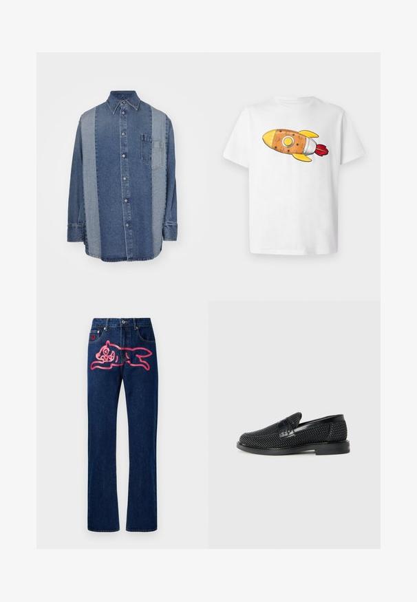 Denim shirt featuring a two-tone design with dark and light blue sections, button front, collar, and a chest pocket.; White t-shirt featuring a colorful rocket graphic. The rocket is orange with yellow accents, silver details, and red flames.; Denim jeans with a straight cut. Dark blue color, featuring a large pink cat design on the back pocket. Classic metal button and rivets.; Black woven slip-on shoe with a smooth leather accent on the upper, a round toe design, and a low-profile rubber sole.