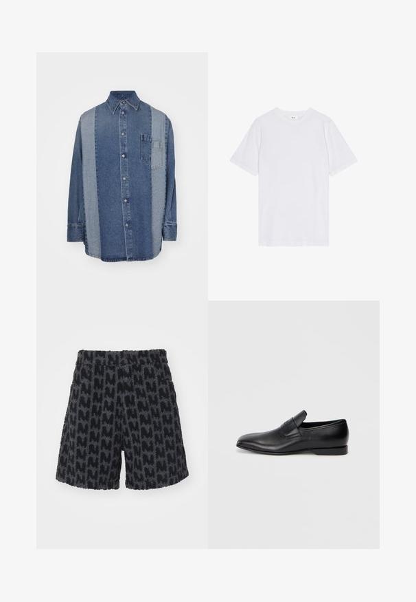 Jeansskjorte med to-farvet design i mørk og lys blå, knaplukning foran, krave og en brystlomme.; Hvid t-shirt, korte ærmer, rund hals, lavet af bomuld, har en glat tekstur, lige kant og minimalistisk design uden mønstre.; Bløde sorte og grå shorts med et tekstureret mønster, der ligner bogstavet "M." Shortsene har en talje med en knap og sidelommer.; Sorte læder slip-on sko med spids tå, glat overflade og diskret branding på siden. Lav hæl med et rent, minimalistisk design.