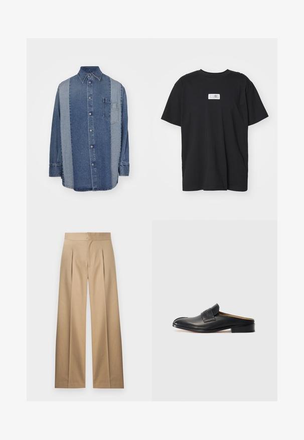 Denim shirt met een tweekleurig ontwerp met donkere en lichte blauwe secties, knoopsluiting aan de voorkant, kraag en een borstzak.; Zwarte katoenen T-shirt met een ronde hals, korte mouwen en een rechthoekig wit etiket met cijfers en een grafisch ontwerp.; Beige wijde broek met een geplooide voorkant, op maat gemaakt ontwerp en gladde katoenen stof. Heeft een platte tailleband en geen zichtbare sluitingen.; Zwarte leren instapschoen met een ronde neus, lage blokhak en een bandje aan de voorkant. Gladde textuur met subtiele logo-detail op het bandje.