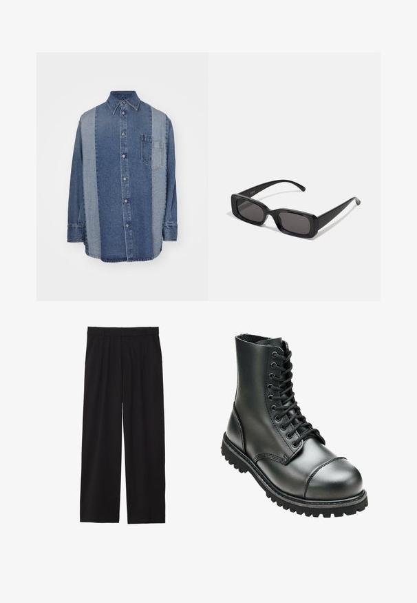 Farmering ing, két színben - sötét és világoskék szakaszokkal, gombos elülső résszel, gallérral és mellzsebbel.; Fekete, bőszárú nadrág, pliszírozott elülső résszel, oldalsó zsebekkel és sima szövettextúrával. Lazább, kényelmes szabású.; Fekete bőrből készült harci csizma, magas bokával, kerek orral, fűzős elülső résszel és durva gumitalppal, amely mély barázdákkal rendelkezik a tapadás érdekében.; Fekete, téglalap alakú napszemüveg sötét lencsékkel, fényes felülettel, széles szárakkal és masszív keret designnal. Az egyik szárra gravírozott márkanevével.