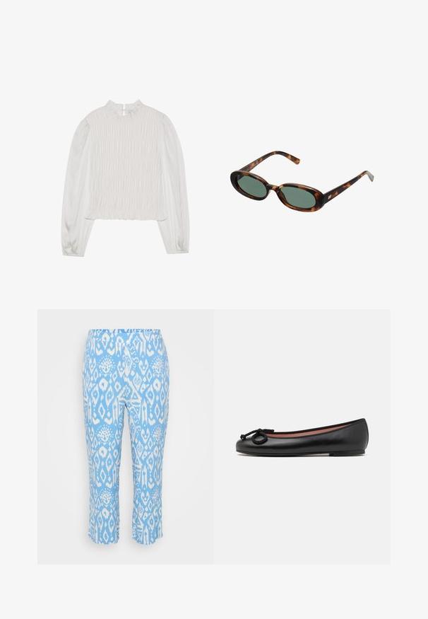 Bela bluza z visokim nabranim ovratnikom in dolgimi rokavi. Ima nabran teksturiran sprednji del in gladko tkanino na rokavih.; Svetlo modre capri hlače z belim geometrijskim vzorcem. Narejene so iz mehkega, raztegljivega materiala z elastičnim pasom.; Črne usnjene baletke s okroglo konico, opremljene z dekorativno pentljo in gladko teksturo. Minimalističen dizajn z nizkim, ravnim podplatom.; Žirafne sončna očala z ovalnimi okvirji in zelenimi lečami. Imajo tanke ročice z metalnim poudarkom blizu tečajev.; Srebrni kovinski uhani z valovitim, skulpturalnim dizajnom, ki se ponašajo s poliranim zaključkom in nerednimi oblikami, kar poudarja sodobno estetiko.