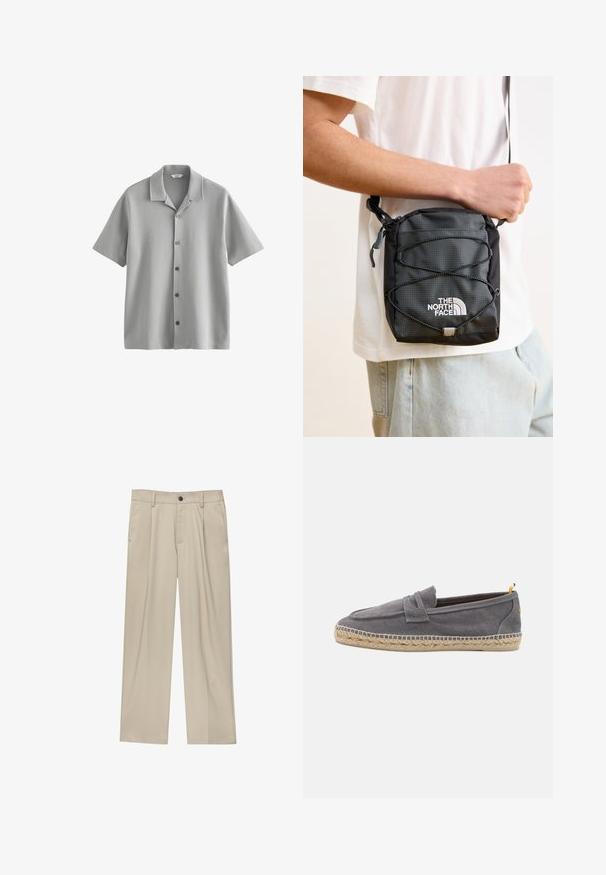 Next CUBAN COLLAR REGULAR FIT - Vapaa-ajan kauluspaita - grey; Beige-housut suoran leikkauksen omaavina, joissa on yksi musta nappi, vyölenkit ja sivutaskut. Sileä kangas ja minimalisti muotoilu.; Harmaa kangaskengät, joissa on punottu juutta-pohja ja erottuva keltainen yksityiskohta kantapäässä, jotka tarjoavat sileän pinnan ja minimalistisen muotoilun.; Musta nailoninen olkalaukku, jossa on teksturoitu pinta, säädettävä hihna ja bungee-nauhan yksityiskohta. Featuring "The North Face" -logo valkoisena.