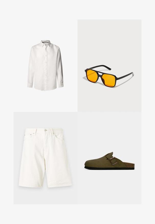 Valge pika varrukaga särk, mis on valmistatud kerge linase riide kasutades, nööbiga disain, terav krae ja õrn logo tikandina rinnal.; Valged teksashorts sirge lõikega, mis sisaldavad vöökohasid, tõmblukk ja kahte esikotid. Sile tekstuur ja lihtne disain.; Olive roheline libisev puhvli jalats laia reguleeritava rihmaga ja pronksist kinnitusega, korkjalatsi ja musta kummist tallaga.; Mustad musta raamiga prillid erksate oranžide objektiividega. Omab ainulaadset sillakujundust ja palju stiilseid käsi, mis on valmistatud kergest materjalist.