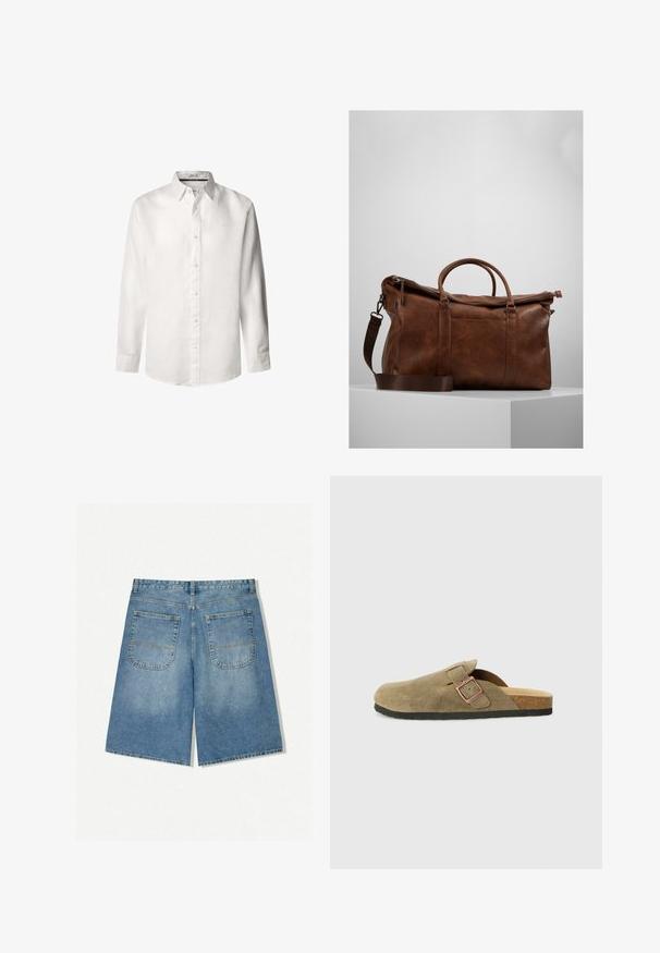 Biele dlhé rukávy košele vyrobené z ľahkého ľanu, s gombíkmi, s špicatým golierom a diskrétnym logom vyšitým pri hrudi.; Džínové šortky svetlo modré farby s voľným strihom, ktoré majú dve zadné vrecká a viditeľné švy. Materiál je mäkký a hladký na dotyk.; Papučka v štýle dreváka zo semišu v olivovo zelenej farbe s úzkym remienkom a detailom kovovej pracky. Má korkovú stielku a čiernu gumovú podrážku.; Hnedá kožená cestovná taška so zipsovým uzáverom, dvojitými uchami, nastaviteľným ramenným popruhom a viditeľnými textúrami na povrchu.