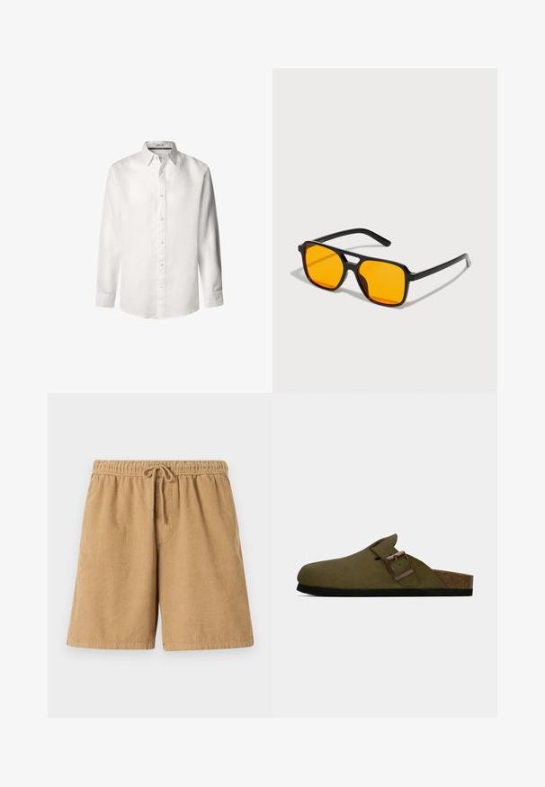 Weißes Langarmhemd aus leichtem Leinen, mit Knopfleiste, spitzem Kragen und dezentem Logo, das in der Nähe der Brust gestickt ist.; Braune Cordshorts mit einem elastischen Bund und Kordelzug. Mit senkrechten Rippungen und seitlichen Taschen. Kurze Länge und lässiges Design.; Olivgrüner Clog mit breit einstellbarem Riemen und bronzefarbenem Schnallen, Korkfußbett und schwarzem Gummisohle.; Schwarze rechteckige Sonnenbrillen mit kräftigen orangenen Gläsern. Verfügt über ein einzigartiges Brückendesign und schlanke Bügel, die aus leichtem Material gefertigt sind.