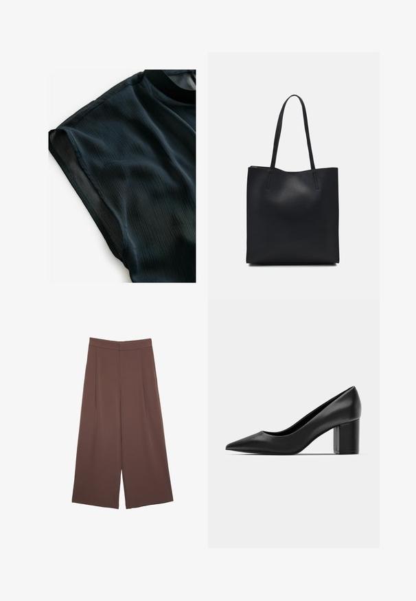 Črna, lahka bluza z teksturirano tkanino in navpičnimi črtami, visokim ovratnikom in kratkimi rokavi. Gladek, tekoč material.; Rjave široke hlače z gladko teksturo, ki imajo visok pas in sprednje naborke. Tkanina je lahka in prosto pada.; Črne usnjene pete z ostrim nosom in masivnim kvadrataškim peto. Gladka textura, preprost dizajn, primeren za formalne priložnosti.; Črna usnjena torba s svilnato teksturo, pravokotne oblike in dvema dolgima ročajema. Brez vidnih metalnih delov ali okrasnih elementov.