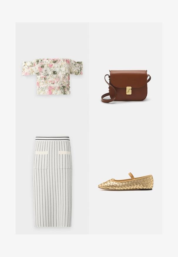Ziedu off-the-shoulder tops baltā krāsā ar rozā un zaļām ruļļu rakstiem. Tam ir nedaudz elastīga auduma, lai tas būtu pieguļošs.; Adītā zīmogveida svārku svītraina pelēkā krāsā ar tumšām vertikālām svītrām, ar ribotu jostu un divām aizmugures kabatām. Gluda tekstūra.; Loeffler Randall LEONIE SOFT BALLET FLAT - Baletkurpes ar siksniņu ap potīti - gold; Bordo ādas rokas soma ar atloku, zeltītām detaļām, plecu siksnu un gludu virsmu. Kompakta, taisnstūrveida forma.