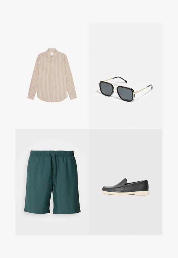 Beige, hosszú ujjú ing, függőleges fehér csíkokkal, gombos gallérral és kerekített hemrésszel. Fehér gombokkal és diszkrét logó hímzéssel rendelkezik.; Zöld, könnyű rövidnadrág rugalmas derékkal és húzózsinórral, sima textúrával és oldalsó zsebekkel a kényelem érdekében.; Fekete bőr, slip-on stílusú loaferek, texturált felülettel és kontrasztos bézs gumitalppal. A frontrészén finom díszítéssel rendelkezik.; Fekete és arany napszemüveg, négyzet alakú, fémből készült kerettel, sötétszürke lencsékkel és fekete karvégekkel. Dupla híd kialakítással rendelkezik.