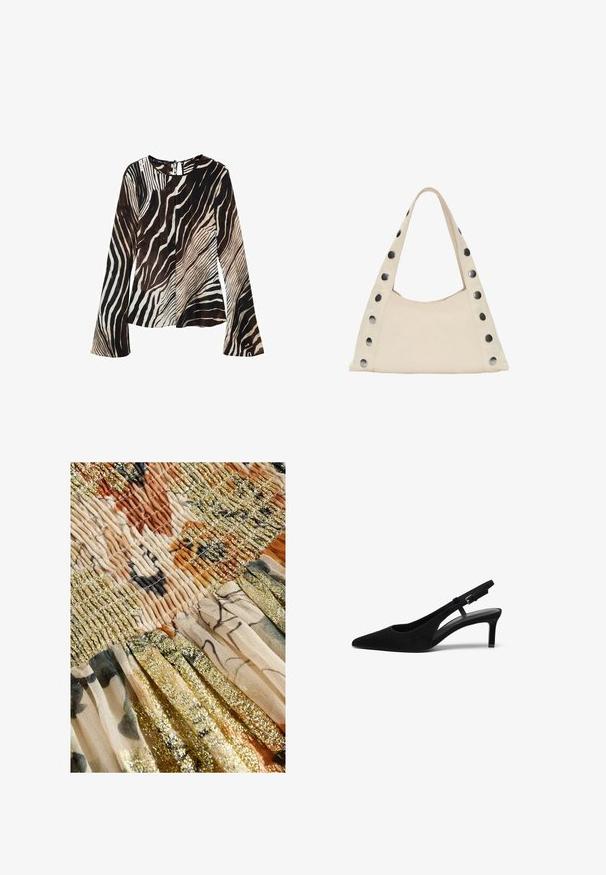 Bluzka z długim rękawem z lekkiego materiału, w paski zebry w odcieniach czerni, brązu i kremu. Z tyłu znajduje się detal w kształcie łezki.; Next REGULAR FIT  różowy; Czarny zamszowy but slingback z ostrym noskiem, niskim obcasem, odkrytą stroną i regulowanym paskiem z metalową klamrą. Gładka tekstura.; PULL&BEAR - Torba na zakupy