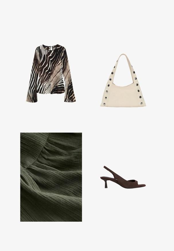 Blouse à manches longues en tissu léger avec un imprimé zèbre aux nuances de noir, marron et crème. Détail en forme de clé au dos.; Gros plan sur un tissu plissé vert, présentant une surface douce et texturée avec de fines lignes ondulées et un aspect léger et fluide.; Talons slingback en daim brun avec un design à bout ouvert, présentant un petit talon courbé et une texture douce dans l'ensemble.; PULL&BEAR SHOULDER  - Cabas - beige