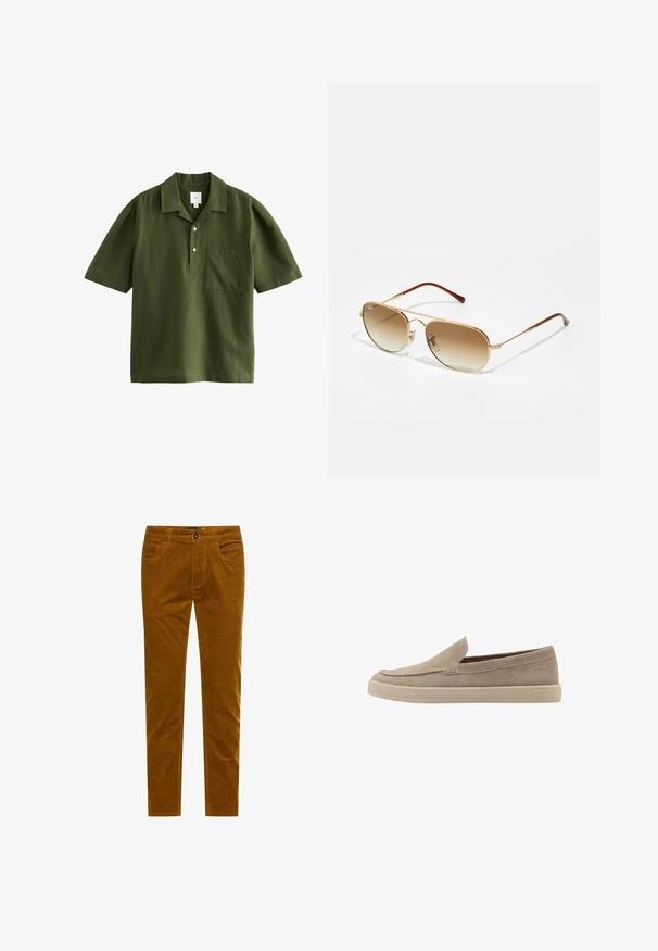 Next SHORT SLEEVE - Skjorter - green; Brune fløjlsbukser med slim fit, der har fem lommer, en frontlukning med knap og en karakteristisk ribbet tekstur overalt.; Beige ruskinds slip-on sko med afrundet tå, lavprofil design og en struktureret overflade. Har en diskret syning langs overdelen.; Guld aviator-solbriller med gradient brune linser, metalramme og brune plastik-templets tips. Glat overflade, minimal hardware-detalje.