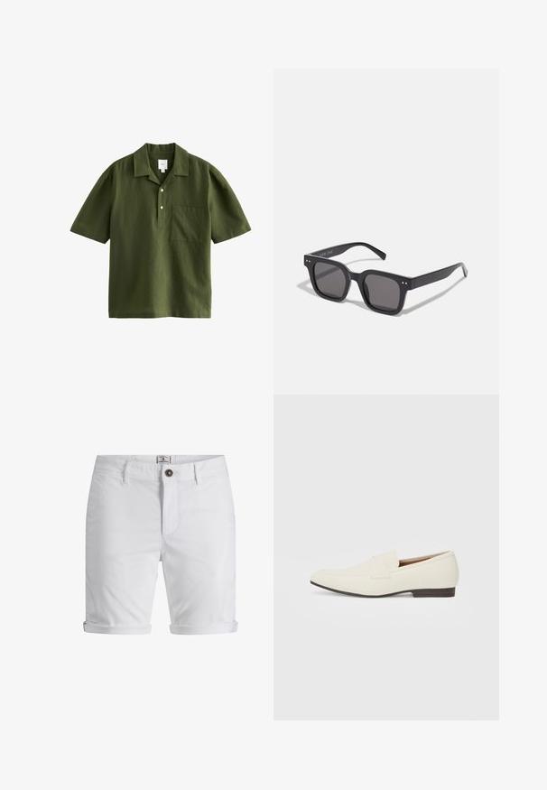 Next SHORT SLEEVE - Pluus - green; Valged puuvillased lühikesed püksid rullitud äärtega, nupule sulgemisega, ees taskutega ja tekstuurse kangaga. Tavalise lõike disain.; Heledadbeez loafers, millelise lõpp, sile materjal, rihm üle vampi ja madal pruun talla. Lihtne disain minimaalse aktsentidega.; Mustad mustan värvi päikeseprillid tumedate läätsedega, pakse raami, diskreetsete detailidega külgedel ning ilma nähtavate logota, peale brändinime.