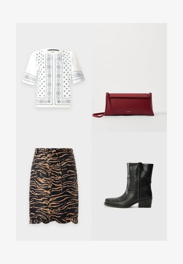 Bluză albă cu mâneci scurte, decorată cu broderie florală albastră, guler rotund și modele elaborate pe față și mâneci.; Fustă cu dungi tigru, neagră și maro, realizată dintr-un material neted, având talie cu curea și un design cu margini ondulate.; Botine din piele neagră, cu vârf rotund, toc pătrat, fermoar pe lateral și accente de cusături pe partea superioară. Textură netedă, design clasic.; Geantă de mână roșie din piele cu o textură rafinată, având un capac plat pliat și o curea scurtă. Logo-ul subtil al mărcii pe față.