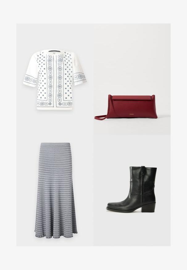 Bílá blůza s krátkým rukávem zdobená modrou květinovou výšivkou, kulatým výstřihem a složitými vzory podél přední části a rukávů.; Pletená maxi sukně v šedé barvě s vodorovnými pruhy. Má gumičkový pas a volánkový lem. Měkká textura s splývavým designem.; Černá kožená kotníková bota s kulatou špičkou, blokovým podpatkem, bočním zipem a prošíváním na svršku. Hladký povrch, klasický design.; Červená kožená kabelka na ruku s texturovaným povrchem, s plochým sklápěcím vrchem a krátkým popruhem. Jemné logo značky vepředu.