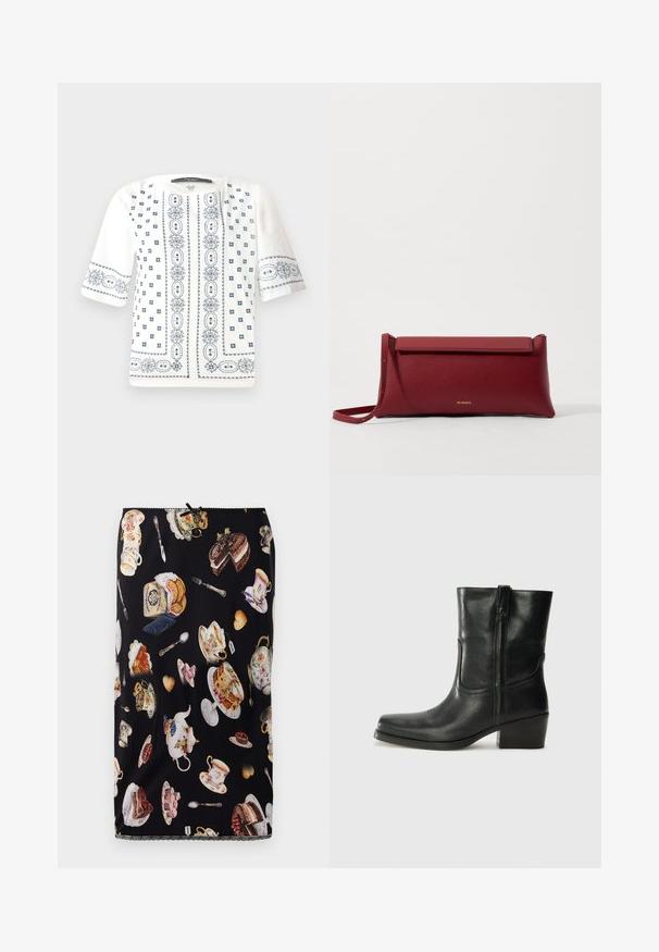 White short-sleeve blouse featuring blue floral embroidery, a round neckline, and intricate patterns along the front and sleeves.; Black skirt featuring a pattern of teacups, cakes, and pastries, with detailed illustrations and a decorative lace hem.; Black leather ankle boot with a rounded toe, block heel, side zipper, and stitching accents on the vamp. Smooth texture, classic design.; Red leather clutch bag with a textured finish, featuring a flat fold-over top and a short strap. Subtle brand logo on the front.